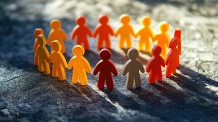 A group of wooden figures, including yellow, orange, and red figures, standing on a textured surface with a shadowed background.