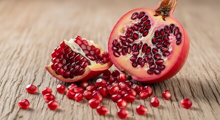 Juicy Pomegranate on Wooden Table.