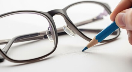 Eyeglasses and a hand drawing on paper with a blue pencil in macro shot
