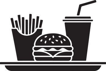 Black silhouette of a burger fries and drink on a tray