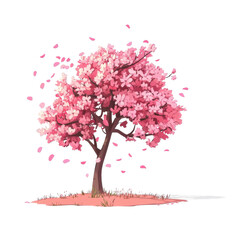 Fototapeta premium Cherry blossom tree with swirling pink petals in gentle motion. Stunning sakura spring illustration on transparent background PNG.
