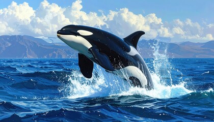 Fototapeta premium A magnificent orca leaps gracefully out of the deep blue ocean, showcasing its powerful form against a backdrop of dramatic, mountainous terrain and a vibrant sky.