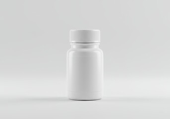 A blank, white plastic pill bottle is centered on a plain, light gray background.