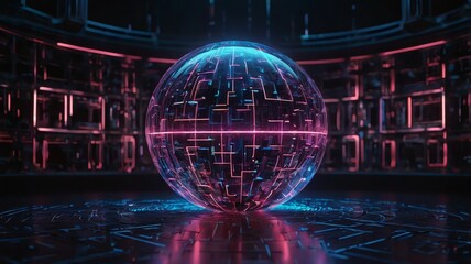 Futuristic sphere with glowing neon lines representing global technology and network data