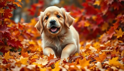 Golden retriever puppy frolics through colorful autumn leaves,  playing,  carefree