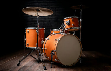 A vibrant orange drum set in a dimly lit room, showcasing the beauty of musical instruments and creativity in music.