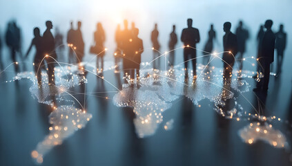 Silhouetted professionals connect globally, illustrating networking and collaboration. A modern approach to international business.