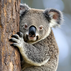 Curious koala clinging to tree, showcasing its unique features and natural habitat