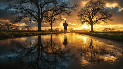 Fototapeta premium Runner in park at sunset, reflected in puddle, golden hour
