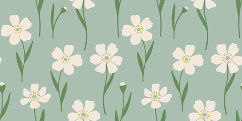 Vector seamless pattern with whimsical flowers. Hand drawn charming background with botanical elements. Flat colorful pattern for wrapping paper, textile. Lovely vector floral pattern