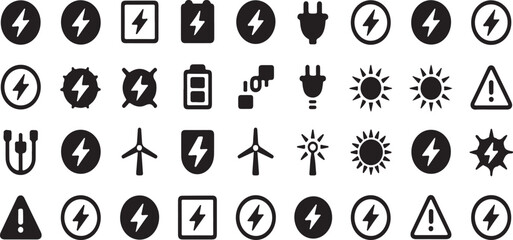 Energy & Electricity Symbols – 40 Black Glyph Vector Icons