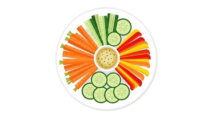 Colorful veggie platter with dip.