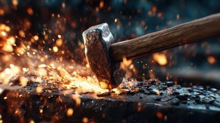 An intense moment of metal forging captured in action, as a hammer strikes the iron, sending sparks flying, symbolizing craftsmanship, dedication, and the art of creation.