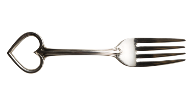 Silver heartshaped fork isolated on transparent background.