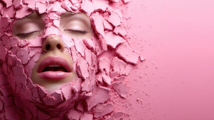 An artistic representation of a face covered in cracked pink clay, symbolizing beauty, renewal, and the transformative power of art in expressing emotions and identity.