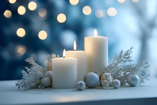 Soothing white candles adorned with festive decorations create a warm and inviting atmosphere for the holiday season.