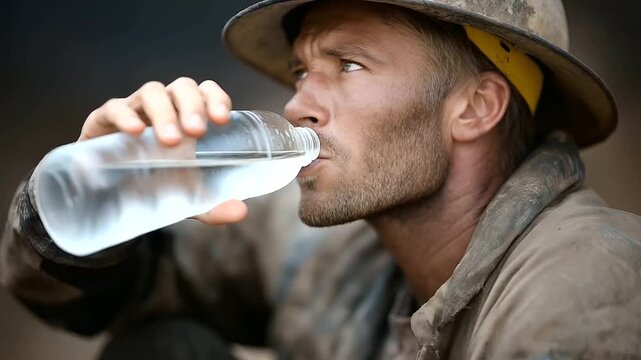 Firefighter rinsing soot from face with water bottle after exhaustion