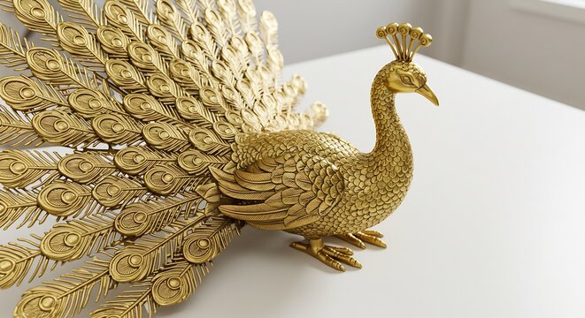 Paon dor� luisant belle sculpture d�tail plume lumi�re douce. AI Generated
