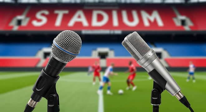 Football match broadcast Microphones in focus, stadium backdrop, sports commentary scene