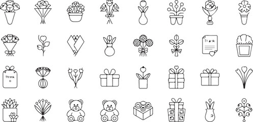Floral Gift & Bouquet Outline Icon Collection – 40 Linear Flower Service Symbols