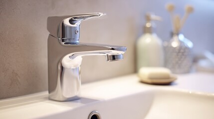 The close-up of the modern faucet in the city bathroom highlights its sleek design and smooth surface, with decorative items such as a soap dish or hand wash bottle adorning the white countertop.