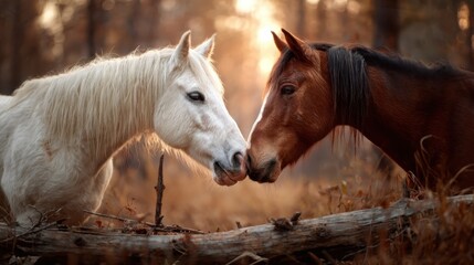 Two horses share a tender moment in a serene setting, showcasing their deep bond as they touch noses in a picturesque forest backdrop during golden hour.