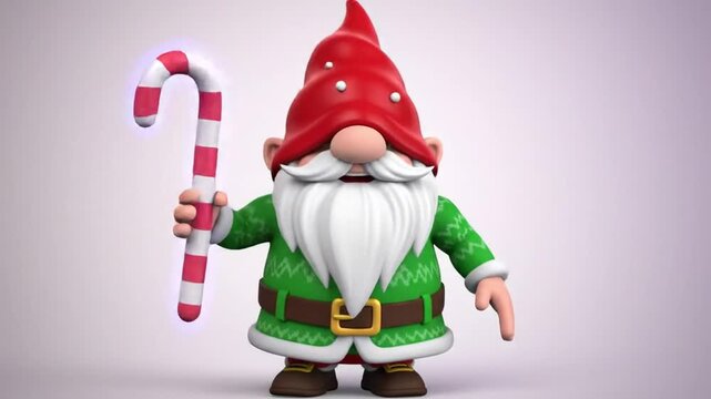 Animated holiday gnome holding candy cane against a gradient background