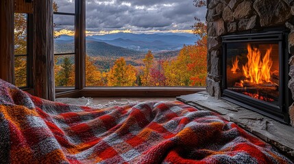 Cozy autumn view from a log cabin