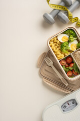 A vertical balanced meal in a container with dumbbells and a weight scale, promoting fitness