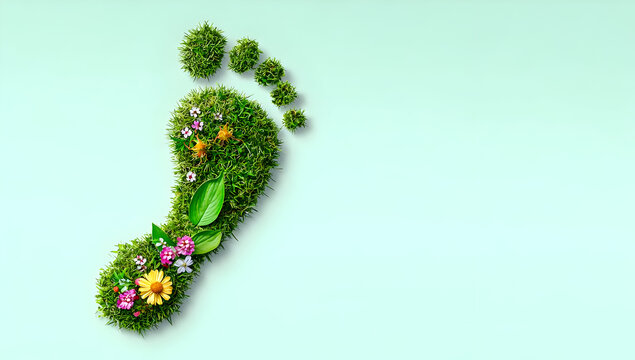 A vibrant green footprint made of grass and flowers, symbolizing eco-friendliness and sustainability in nature.