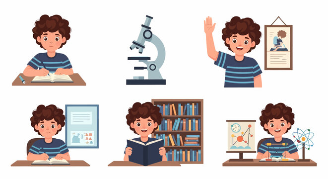 Schoolboy Studying with Science Elements Flat Vector Illustration