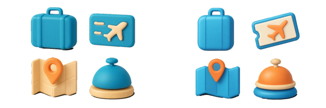Vibrant collection of travel and tourism related icons featuring a blue suitcase, airplane ticket, location map pin, and hotel service bell