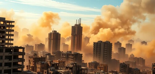 Crumbling cityscape, fire-ravaged buildings, dust-choked sky,  inferno,  scorched earth