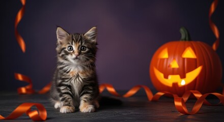 Adorable Kitten Poses Beside a Spooky Jack O Lantern