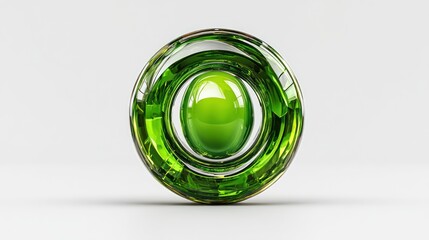 A vibrant green, glass-like circular design, with concentric rings, sits on a plain white background.