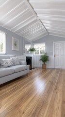 Obraz premium Modern living room with cozy decor, wooden flooring, and natural light in a stylish suburban home