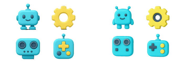 Cute cartoon robots, friendly alien characters, mechanical gears, and modern game controllers with device icons