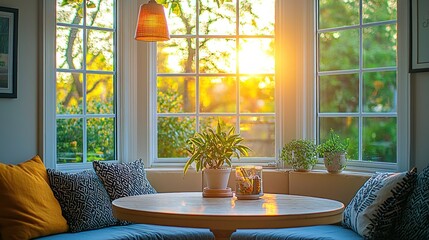 Sunlight streams into a cozy bay window