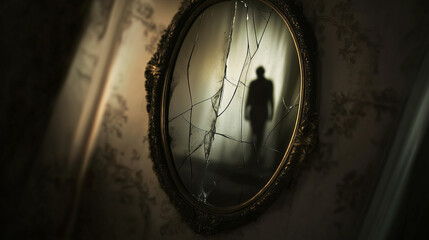 Cracked antique mirror in a dim room reflecting a shadowy human figure, evoking mystery, suspense, and a haunted atmosphere.