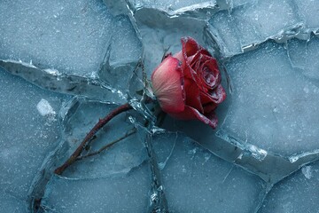 Red rose with water droplets on frozen cracked ice surface, close-up of flower and ice texture.