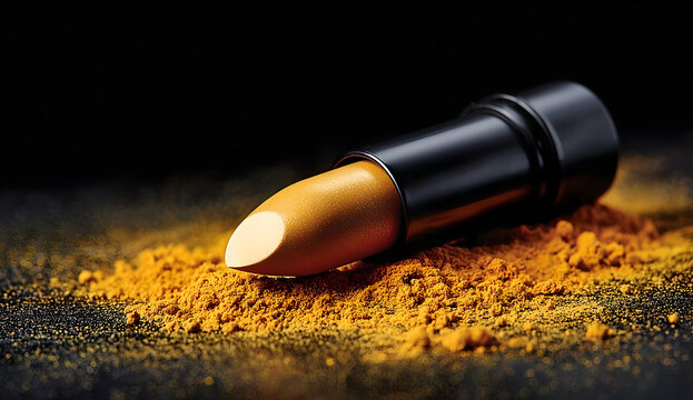 An elegant lipstick positioned on a vibrant turmeric powder, showcasing a unique blend of beauty and culinary art in a captivating composition.