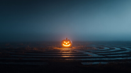 A glowing carved Halloween pumpkin stands in the center of a dark maze, evoking mystery, fear, and festivity.