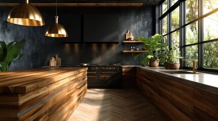 An inviting image of a stylish modern kitchen featuring warm wooden accents and large windows, creating a cozy atmosphere perfect for culinary adventures and family gatherings.