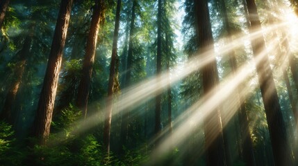 This breathtaking image showcases sunlight filtering through towering trees in a verdant forest, highlighting the serene beauty of nature and the calmness of the wilderness.