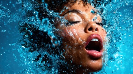 This striking image captures a woman's face surrounded by splashing water, conveying a sense of joy and freedom, highlighting emotional expression and beauty in motion.