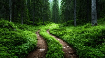 This image captures a winding trail through a dense forest filled with lush ferns, creating a peaceful and inviting atmosphere that encourages viewers to reconnect with nature's beauty.