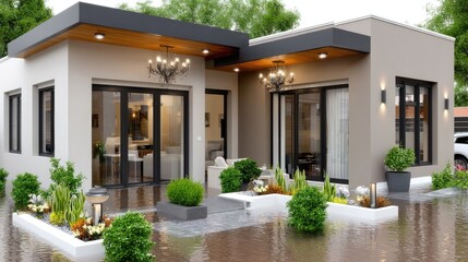 Fototapeta premium Flooded modern house with lush garden during rainy season showcasing resilient architecture and landscaping in a suburban neighborhood