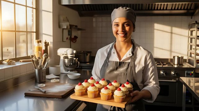Cheerful Baker Presenting Delicious Cupcakes in a Bright Kitchen During Golden