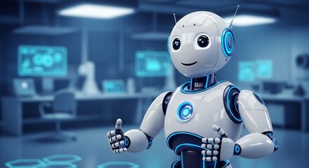 Futuristic robot with a friendly face gives a thumbs up in a modern office setting, concept for artificial intelligence, digital transformation and robotic automation