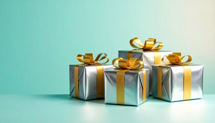 Festive Gift Boxes Tied with Golden Ribbons on a Light Blue Background